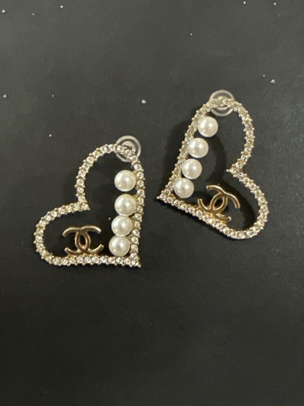 CHANEL Heart Pearl Crystal Earrings